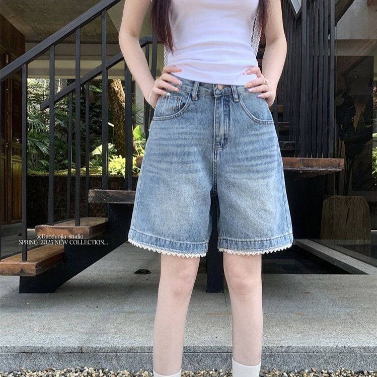 봄 여름 여성 캐주얼 레이스 밑단 5부 와이드 코튼 데님 팬츠 하이웨스트 반바지 라이트블루