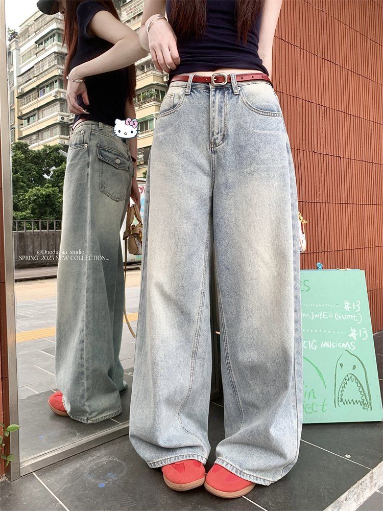 봄 여름 여성 데일리 하이웨스트 와이드 롱 데님 팬츠 빈티지 워싱 백포켓 플랩 청바지 라이트블루 - 상세 이미지 4