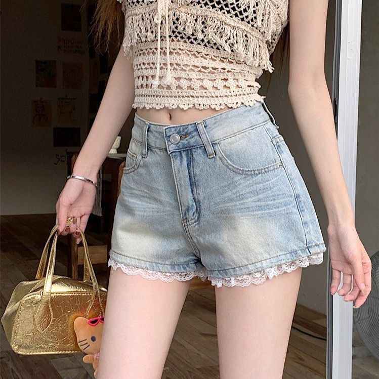 봄 여름 여성 하이웨스트 레이스 밑단 데님 숏팬츠 코튼 워싱 핫팬츠 라이트블루 화이트