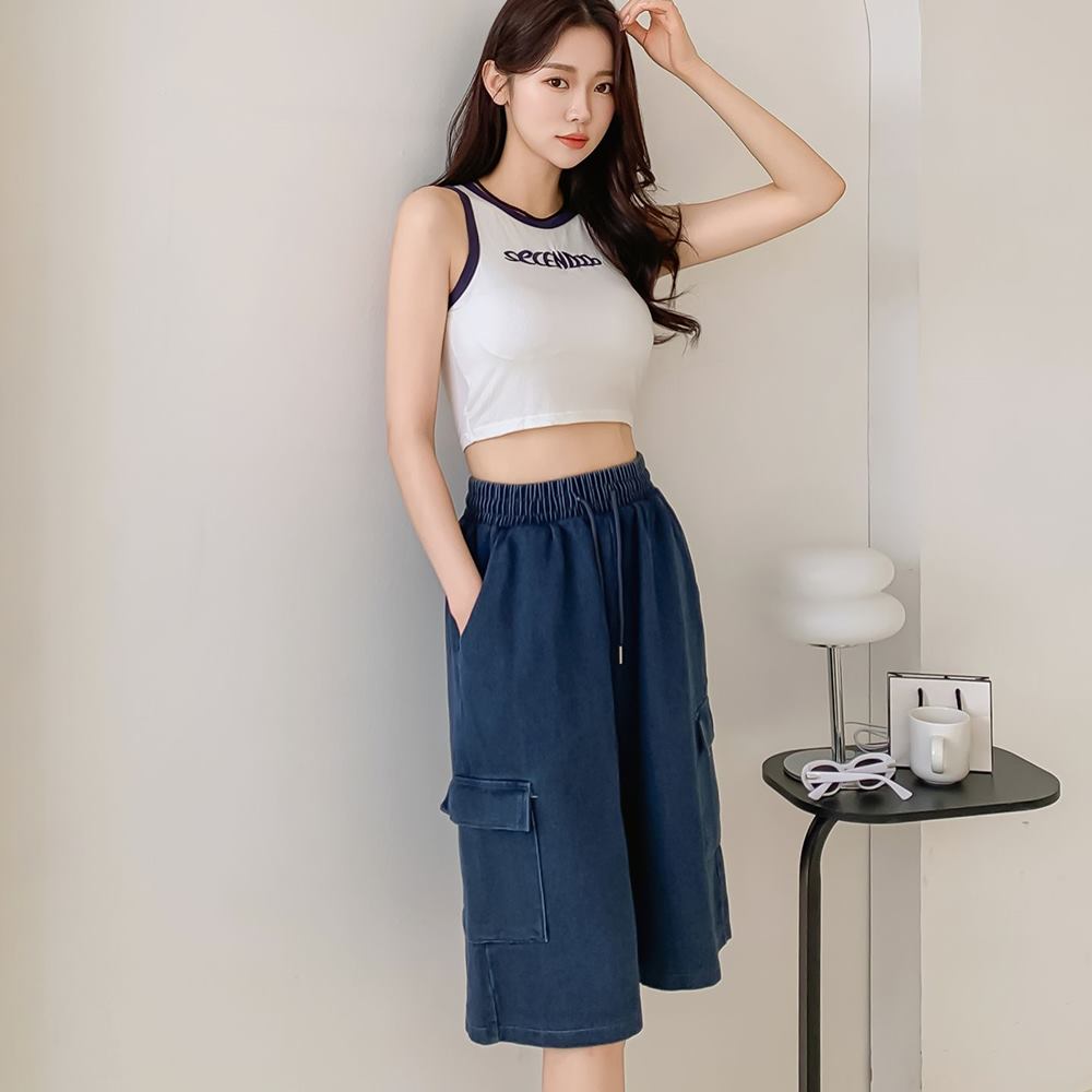 여성 버뮤다 청반바지 고무줄 밴딩 청바지 5부 통바지 건빵 팬츠 - 상품 이미지