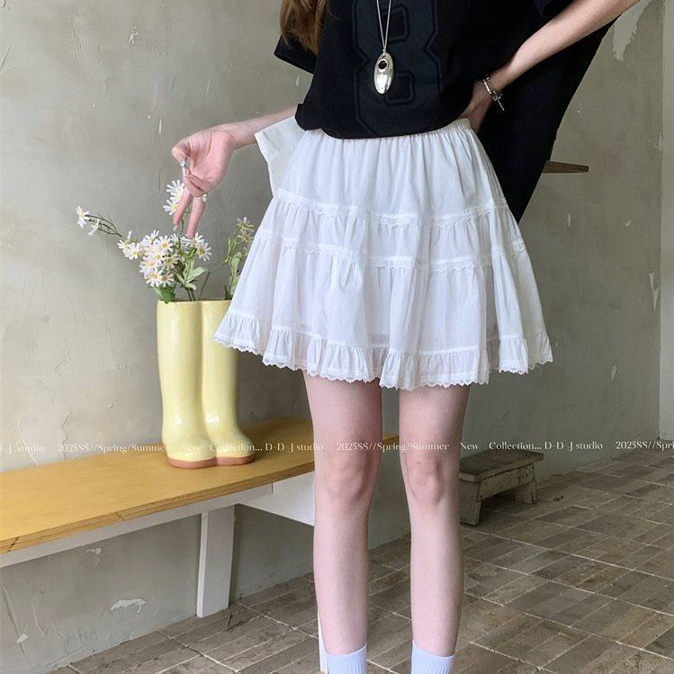 봄 여름 여성 데일리 레이스 캉캉 미니 스커트 팬츠 하이웨스트 A라인 러플 치마바지 화이트 - 상품 이미지