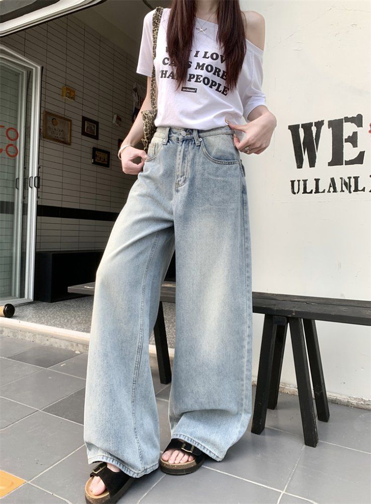 봄 여름 여성 데일리 하이웨스트 와이드 롱 데님 팬츠 빈티지 워싱 백포켓 플랩 청바지 라이트블루 - 상세 이미지 3