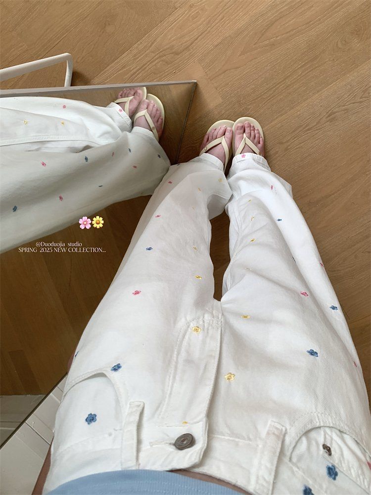 봄 여름 여성 데일리 하이웨스트 플라워 자수 와이드 롱 코튼 팬츠 화이트 - 상세 이미지 2