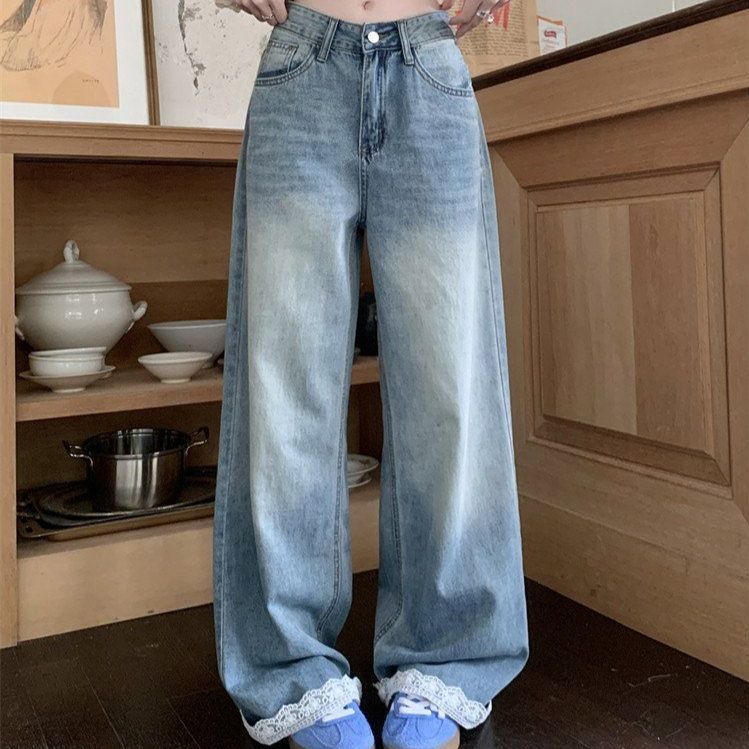 봄 여름 여성 하이웨스트 레이스 밑단 와이드 롱 데님 팬츠 코튼 워싱 청바지 라이트블루