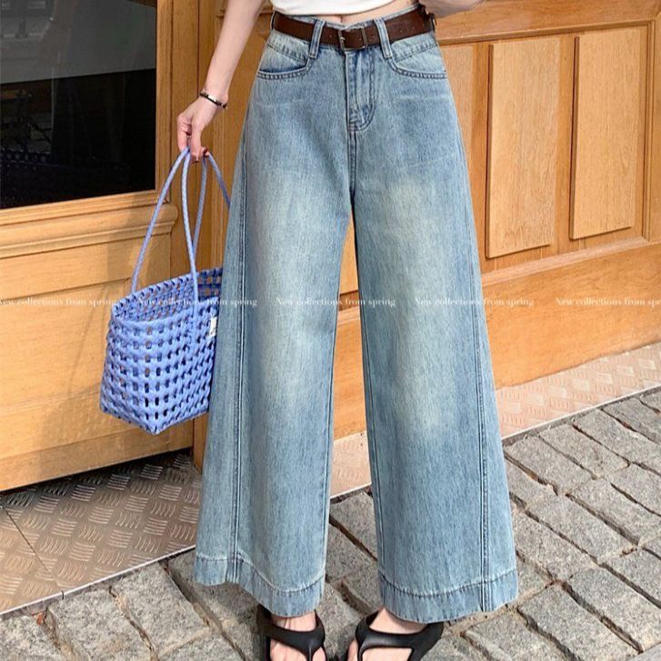 봄 여름 여성 캐주얼 9부 와이드 데님 팬츠 하이웨스트 코튼 워싱 통바지 라이트블루