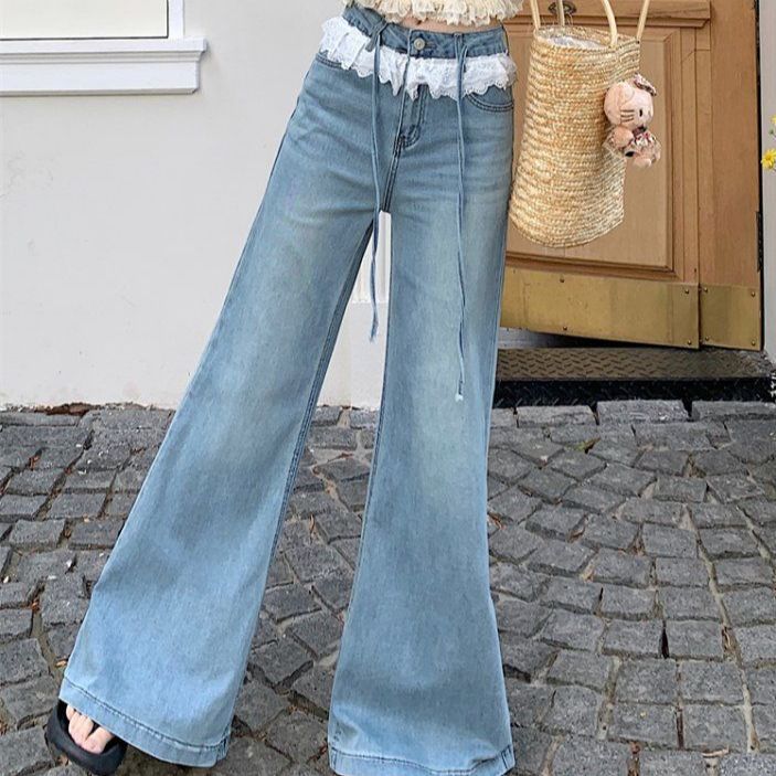 봄 여름 여성 하이웨스트 레이스 허리 스트링 와이드 롱 데님 팬츠 워싱 청바지 라이트블루