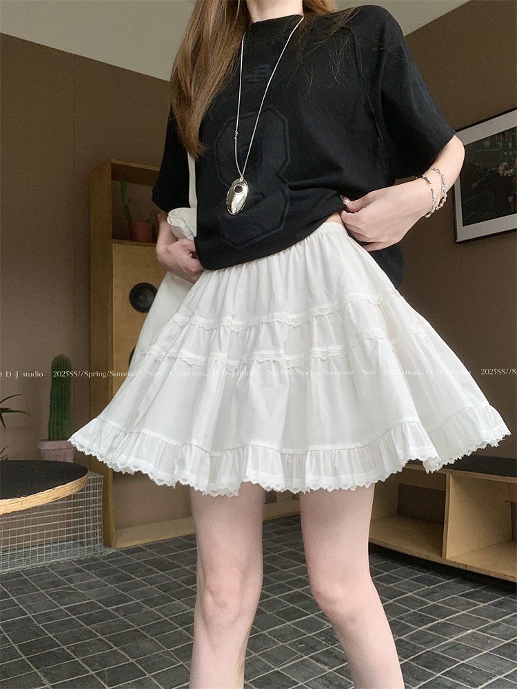 봄 여름 여성 데일리 레이스 캉캉 미니 스커트 팬츠 하이웨스트 A라인 러플 치마바지 화이트 - 상세 이미지 2