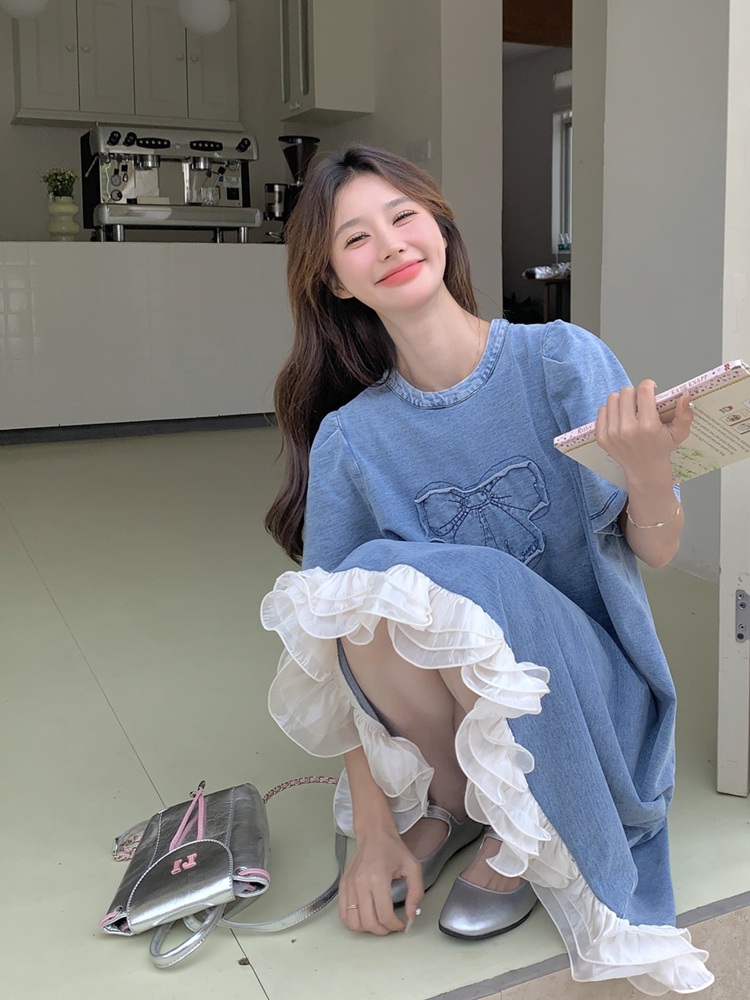 여름 데일리룩 레이스 플레어 데님 롱원피스 블루 XS - 상세 이미지 2