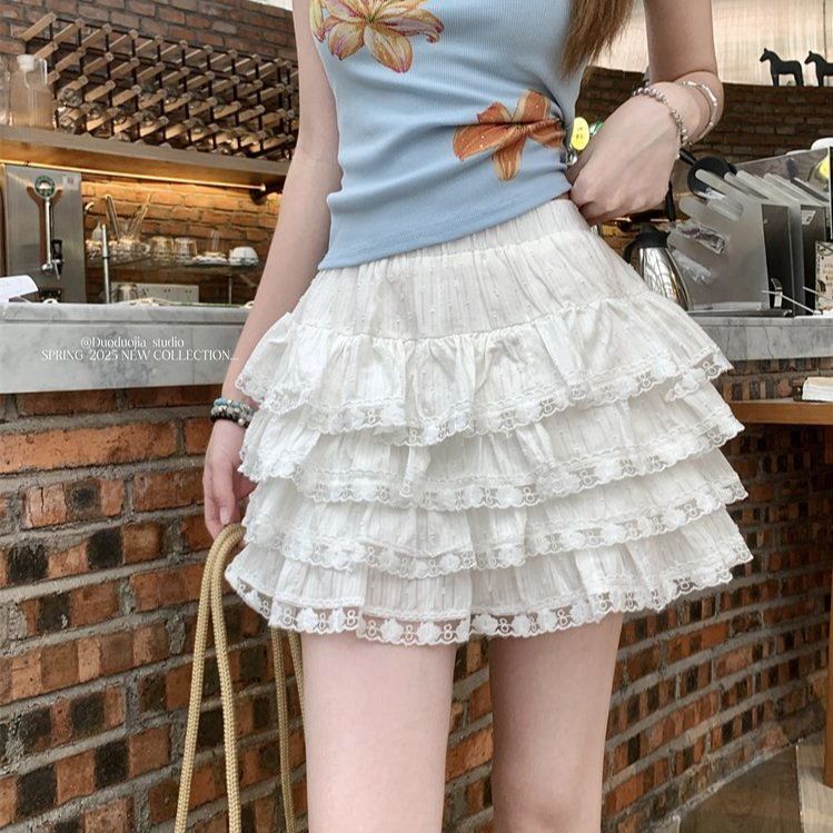 봄 여름 여성 레이스 캉캉 미니 스커트 팬츠 하이웨스트 A라인 러플 치마바지 화이트