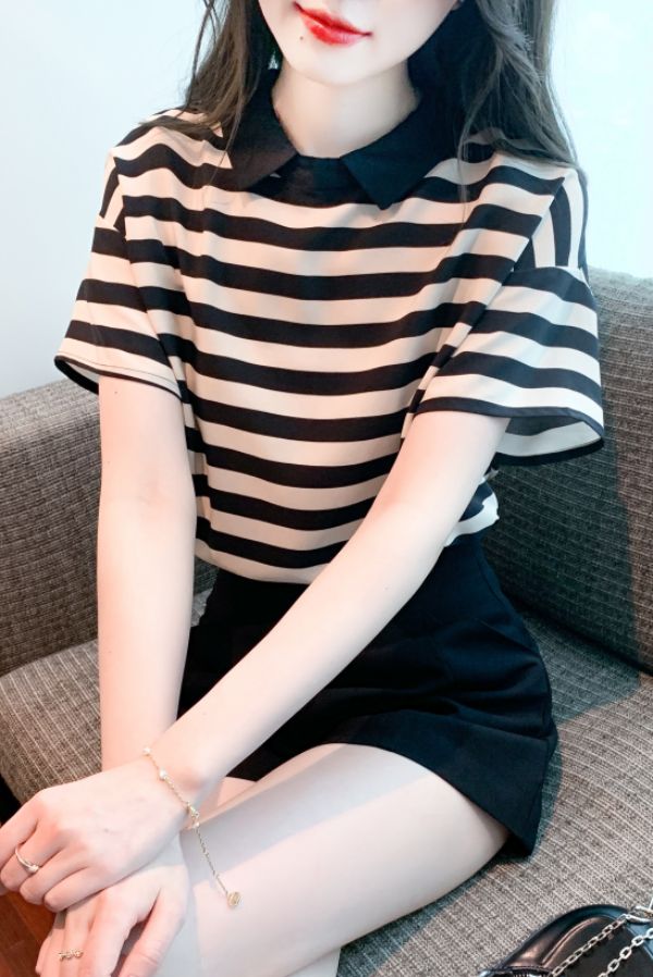 봄 여름 코리안스타일 배색 카라 스트라이프 반팔 폴로넥 티셔츠 기본핏 폴리 블랙 베이지 - 상세 이미지 5
