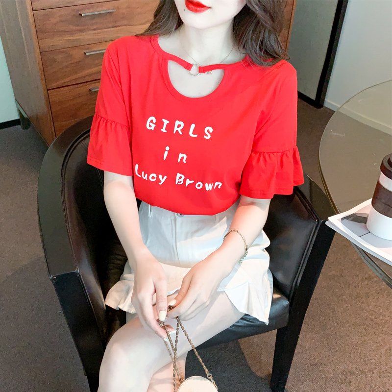 여름 루즈핏 여리여리 라운드넥 트임 링 포인트 셔링 프릴 반팔 티셔츠 코튼 데일리 탑 레드 - 상세 이미지 2