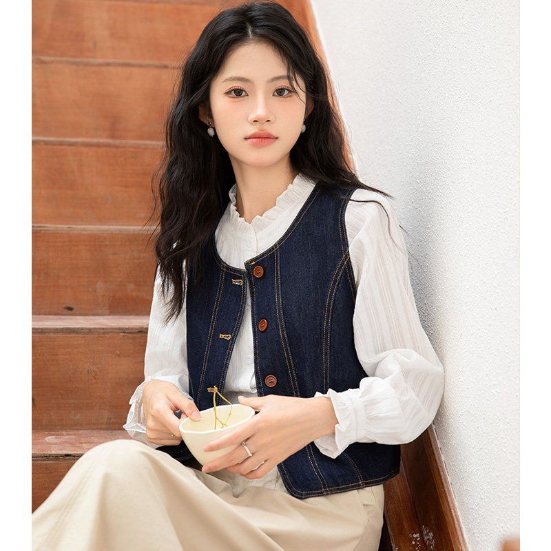여름 간절기 여자 얇은 청 조끼 여유핏 단추 베스트 데일리 레이어드 딥블루 - 상세 이미지 3