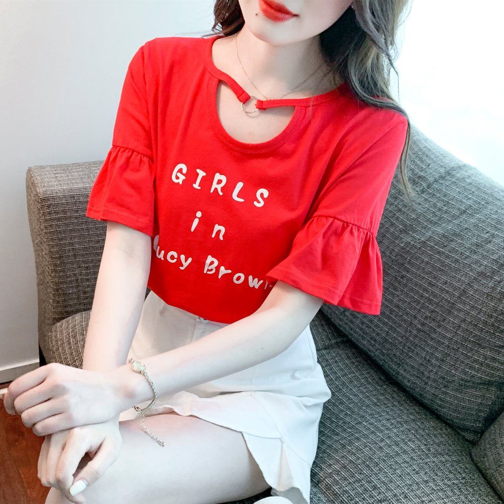 여름 루즈핏 여리여리 라운드넥 트임 링 포인트 셔링 프릴 반팔 티셔츠 코튼 데일리 탑 레드 - 상세 이미지 4