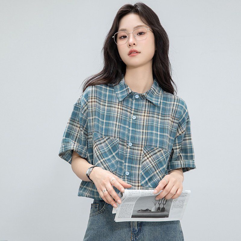 봄 여름 간절기 여성 약간루즈핏 얇은 체크 반팔 카라 셔츠 블라우스 데일리룩 블루 옐로우 - 상세 이미지 2