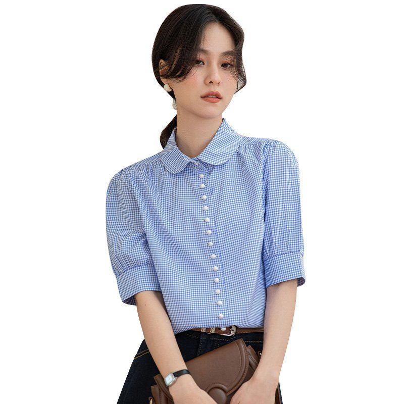 여름 간절기 여성 약간루즈핏 체크 반팔 카라 셔츠 블라우스 데일리룩 블루 - 상세 이미지 5