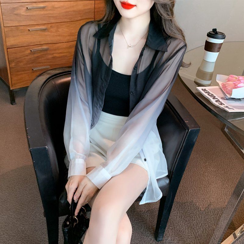 봄 여름 얇은 시스루 긴팔 카라 셔츠 여성 루즈핏 오버핏 옴브레 블라우스 데일리 코디 블랙 - 상세 이미지 2