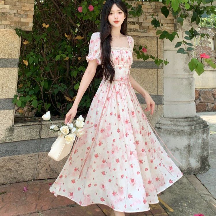 여름 빅사이즈 여성 스퀘어넥 퍼프소매 플라워 잔꽃무늬 A라인 롱원피스 데일리 바캉스룩 핑크 - 상품 이미지