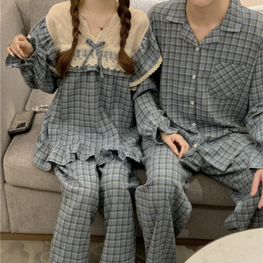 커플긴팔잠옷 신혼부부파자마 레이스 홈웨어 남자 세트 이미지 6