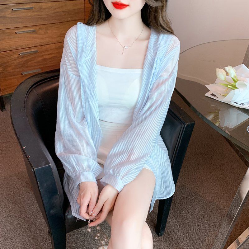 봄 여름 루즈핏 시스루 스트라이프 후드 긴팔 가디건 자켓 데일리 비치웨어 라이트블루 - 상세 이미지 2