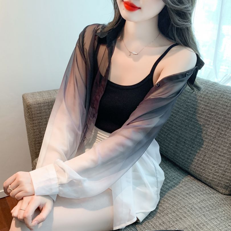 봄 여름 얇은 시스루 긴팔 카라 셔츠 여성 루즈핏 오버핏 옴브레 블라우스 데일리 코디 블랙 - 상세 이미지 4