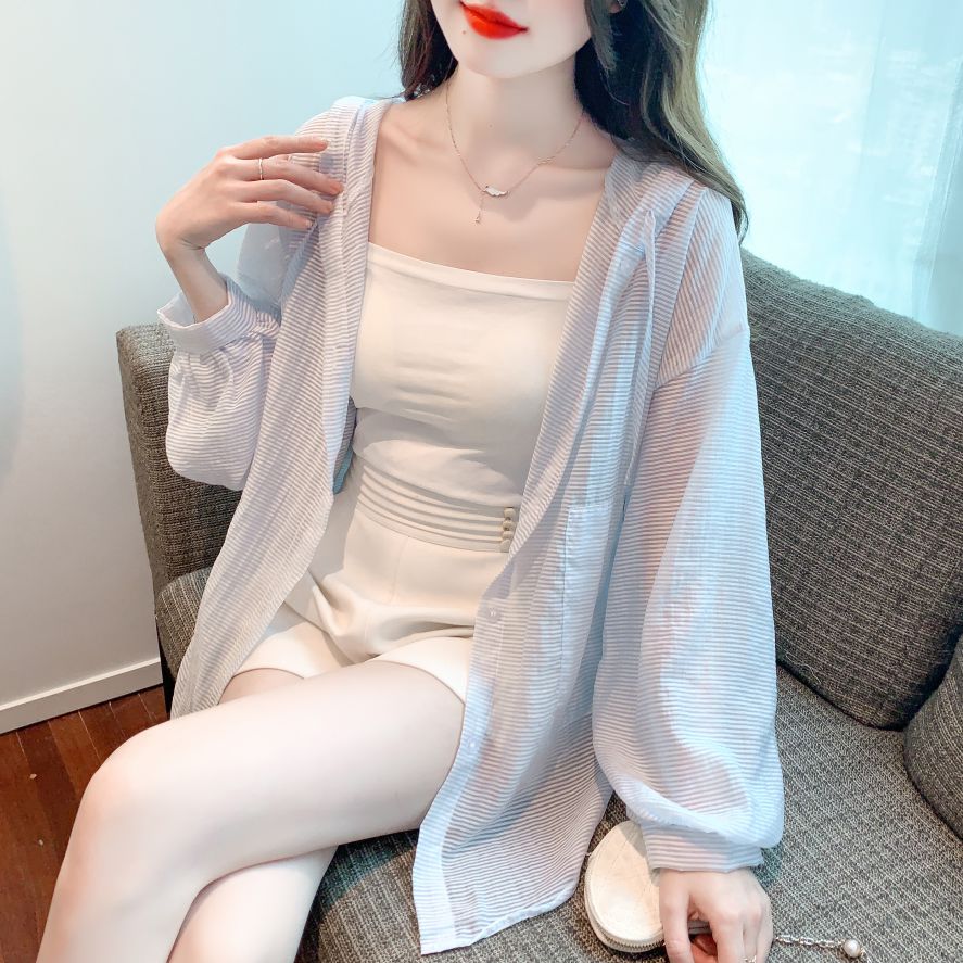 봄 여름 루즈핏 시스루 스트라이프 후드 긴팔 가디건 자켓 데일리 비치웨어 라이트블루 - 상세 이미지 4