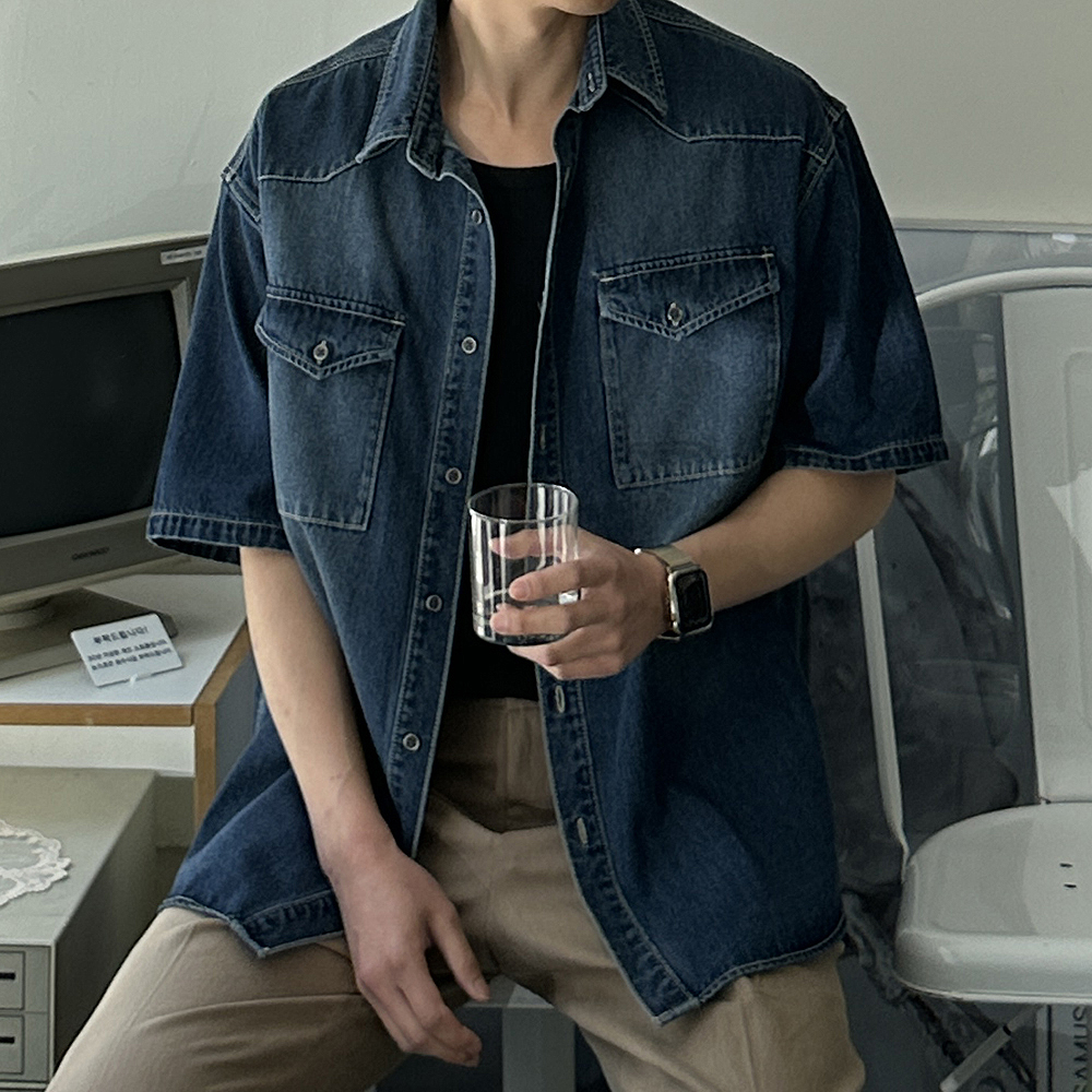 남자 셔츠 오버핏 여름 데님 청 남방 남자 반팔셔츠 - 상품 이미지