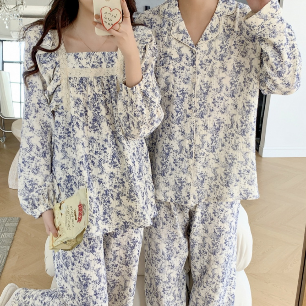 요루면커플잠옷 뜨왈 신혼부부 레이스 긴팔 홈웨어 파자마 세트 - 상세 이미지 4