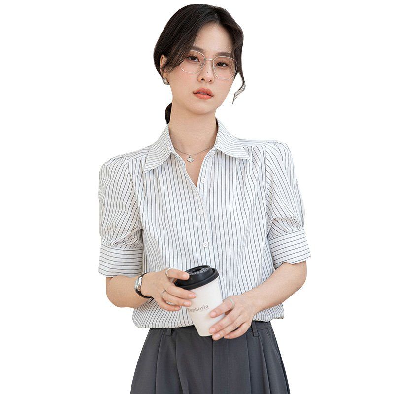 봄 여름 간절기 여성 루즈핏 얇은 스트라이프 반팔 퍼프소매 카라 블라우스 데일리룩 화이트 - 상세 이미지 5