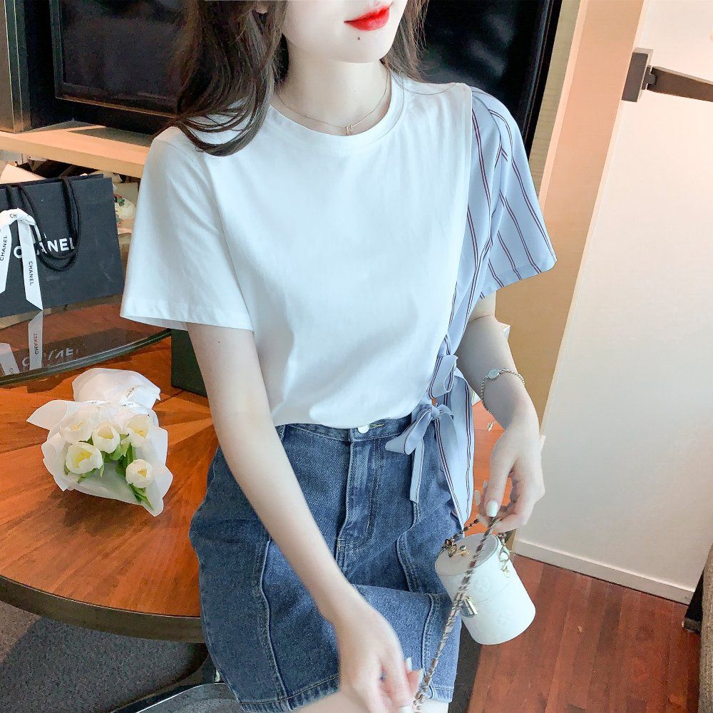 봄 여름 언발 스트라이프 배색 리본 포인트 라운드넥 반팔 티셔츠 면 혼방 기본핏 화이트 - 상세 이미지 4