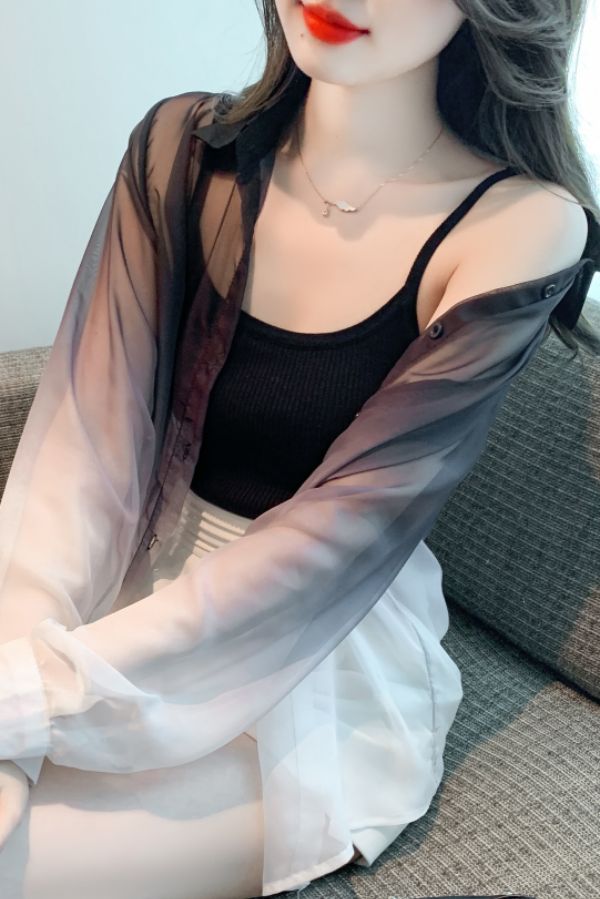 봄 여름 얇은 시스루 긴팔 카라 셔츠 여성 루즈핏 오버핏 옴브레 블라우스 데일리 코디 블랙 - 상세 이미지 5
