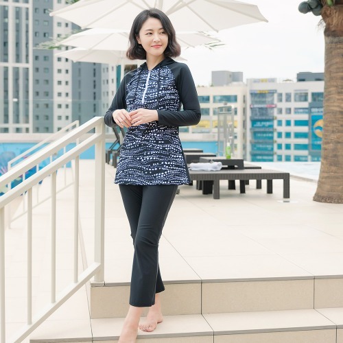 조이마담S7124 웨이브 후드 수영복 세트 50대60대중년여성 빅사이즈래쉬가드 - 메인 이미지