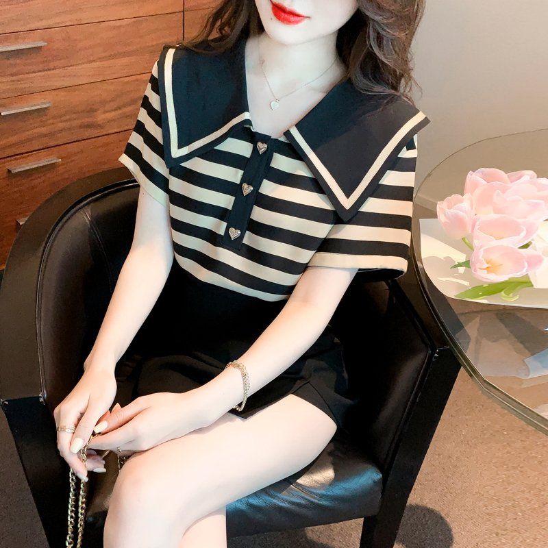 봄 여름 세일러 카라 스트라이프 반팔 티셔츠 하트 버튼 기본핏 폴리 블랙 베이지 - 상세 이미지 2