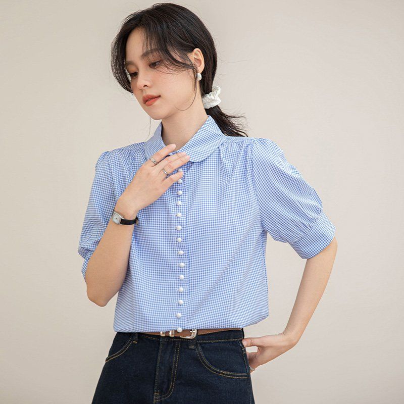 여름 간절기 여성 약간루즈핏 체크 반팔 카라 셔츠 블라우스 데일리룩 블루 - 상세 이미지 3