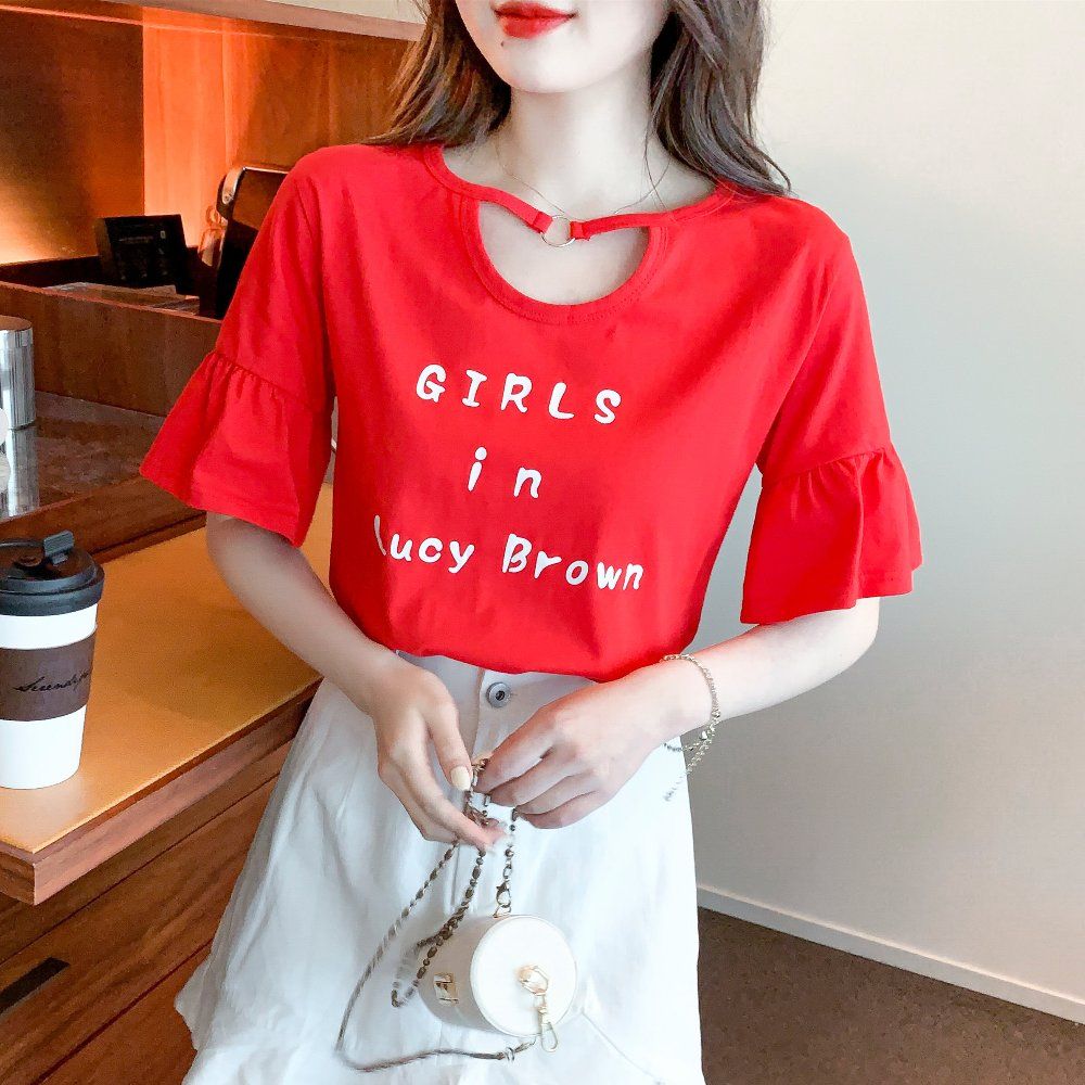 여름 루즈핏 여리여리 라운드넥 트임 링 포인트 셔링 프릴 반팔 티셔츠 코튼 데일리 탑 레드 - 상품 이미지