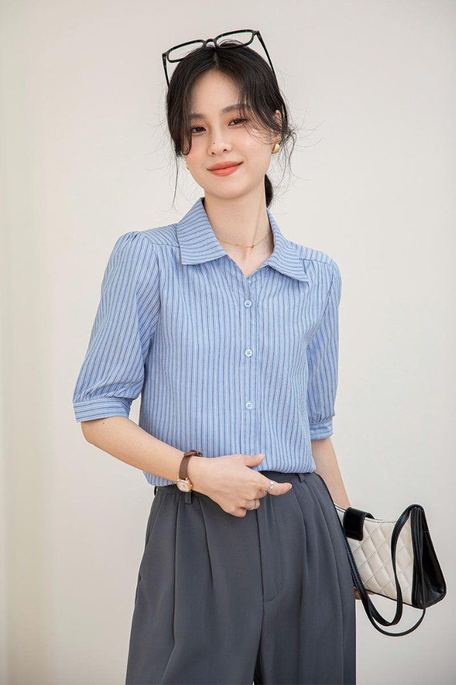 봄 여름 간절기 여자 여유핏 얇은 줄무늬 반팔 셔츠 카라 남방 데일리 캐주얼 민트 블루 - 상세 이미지 5