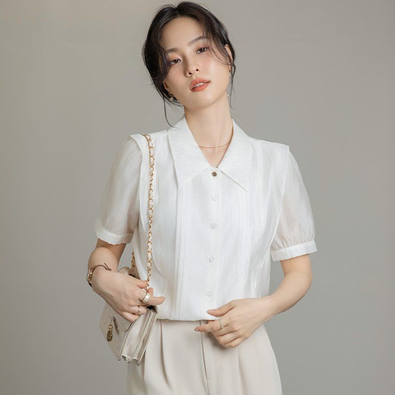 봄 여름 간절기 여성 약간 루즈핏 얇은 핀턱 퍼프소매 카라 블라우스 데일리룩 화이트 - 상세 이미지 2