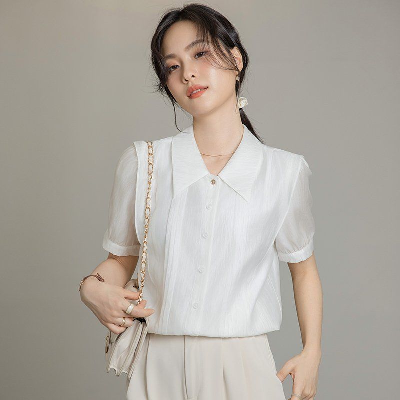 봄 여름 간절기 여성 약간 루즈핏 얇은 핀턱 퍼프소매 카라 블라우스 데일리룩 화이트 - 메인 이미지