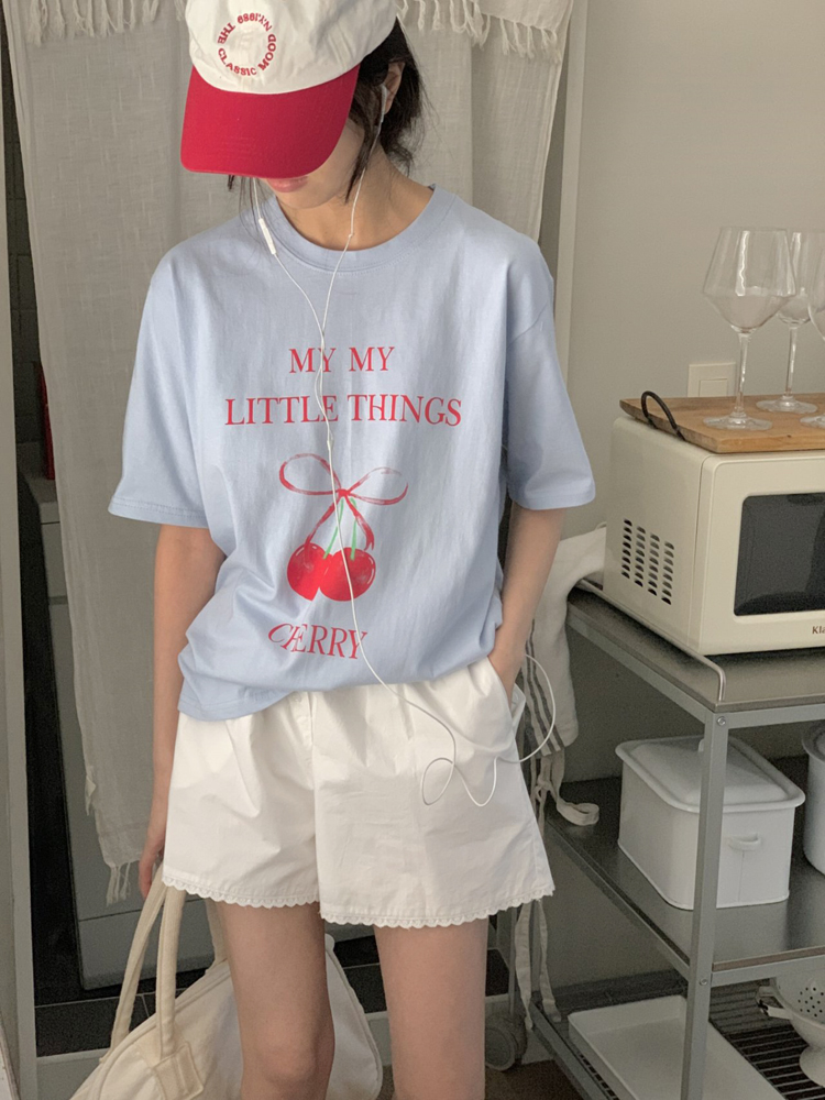 귀여운 체리 프린팅 레터링 티셔츠 루즈핏 여름 여성 티셔츠 면 라운드 기본 여자 반팔티 - 상세 이미지 2