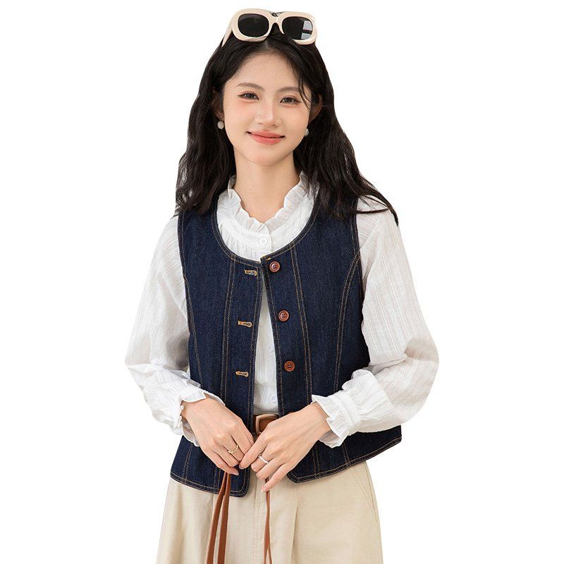 여름 간절기 여자 얇은 청 조끼 여유핏 단추 베스트 데일리 레이어드 딥블루 - 상세 이미지 5