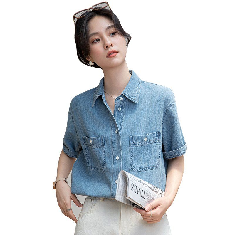 여름 간절기 여성 약간 루즈핏 얇은 데님 반팔 카라 셔츠 블라우스 캐주얼 데일리 블루 - 상세 이미지 5