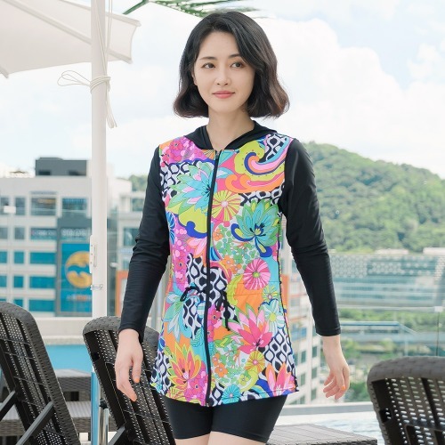 조이마담S7134 플라워 허리끈 후드 래쉬가드 상의 50대60대중년여성 빅사이즈수영복 - 상품 이미지