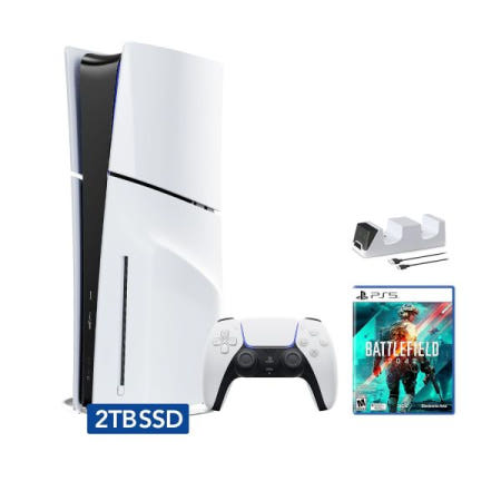 [해외]배틀필드 2042 및 C-게이머 듀얼 컨트롤러 충전기가 포함된 PlayStation 5 슬림 디스크 2TB SSD 에디션 번들 - PS5, 화이트 [비디오 게임]