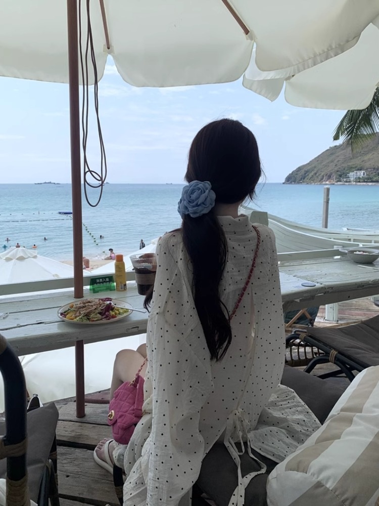 땡땡이 루즈핏 아이보리화이트셔츠 수영장 자외선차단 여름 얇은 아우터 예쁜 디자인 - 상세 이미지 4