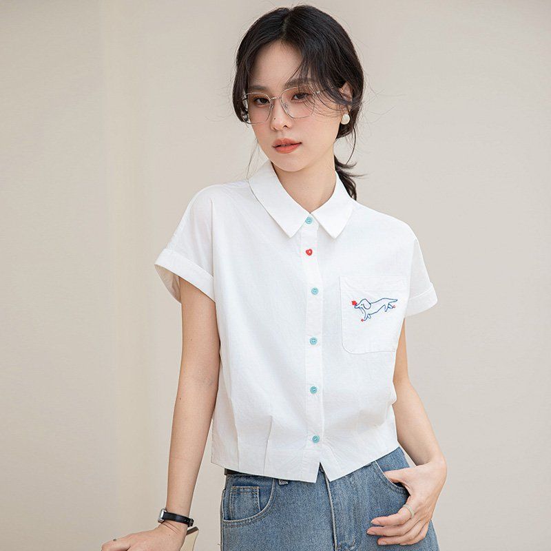 여름 간절기 여성 약간루즈핏 얇은 자수 반팔 카라 셔츠 블라우스 데일리 캐주얼룩 화이트 - 상세 이미지 2