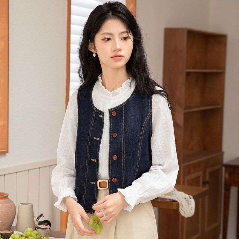 여름 간절기 여자 얇은 청 조끼 여유핏 단추 베스트 데일리 레이어드 딥블루 - 상품 이미지