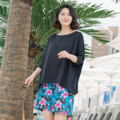 조이마담S7128 하와이 나염 수영복 세트 50대60대중년여성 빅사이즈래쉬가드 - 메인 이미지
