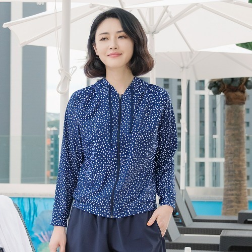 조이마담S7135 물방울 후드 지퍼 래쉬가드 상의 50대60대중년여성 빅사이즈수영복 - 상품 이미지