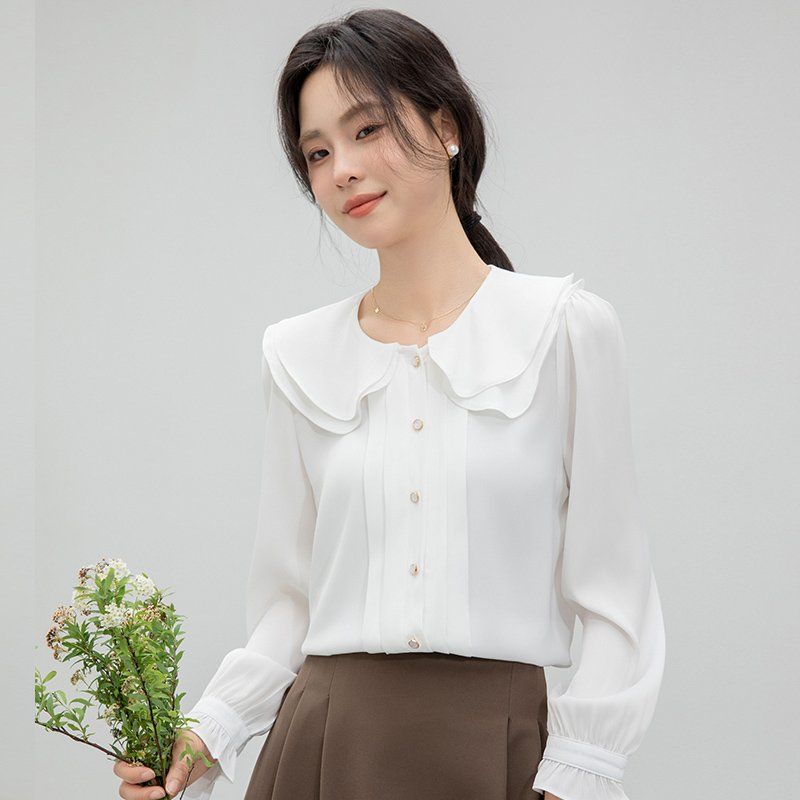 봄 여름 여성 약간 루즈핏 얇은 둥근 카라 긴팔 블라우스 데일리 캐주얼룩 화이트 - 상세 이미지 3