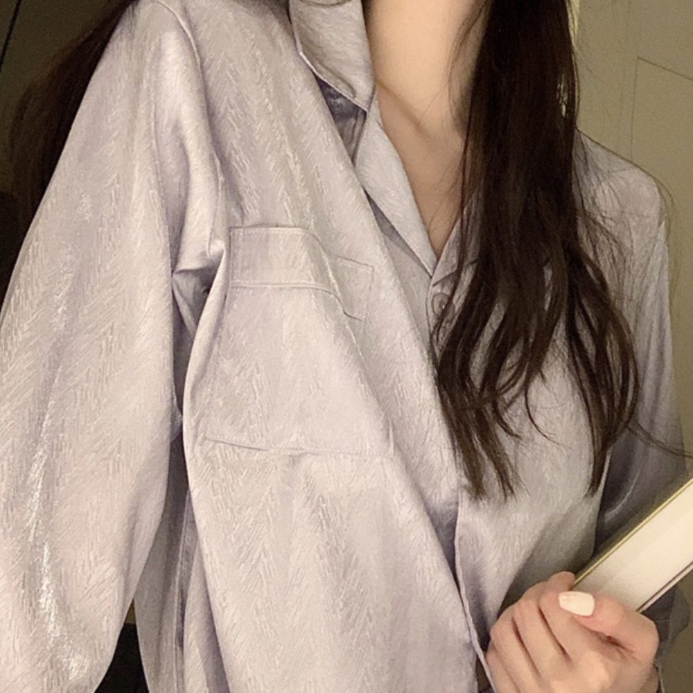 긴팔잠옷 2color 퍼플 블랙 셔츠형 카라 홈웨어 세트 파자마 이미지 6
