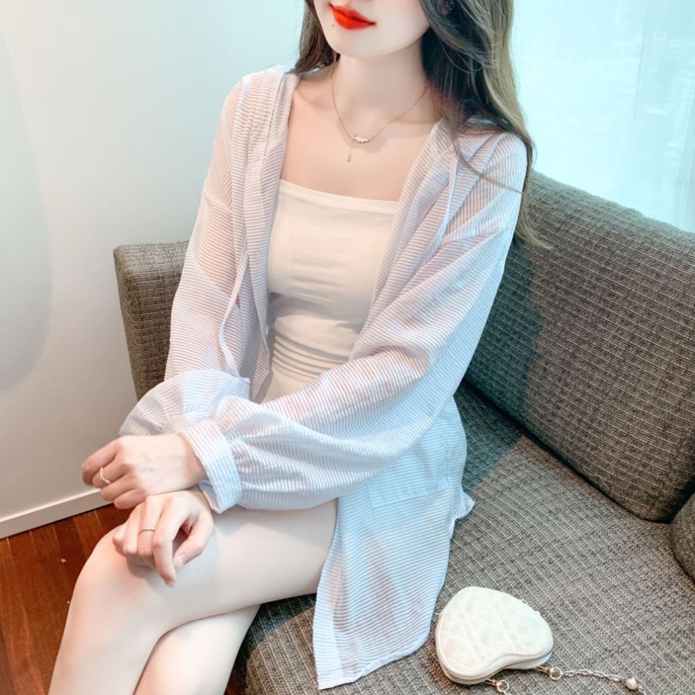 봄 여름 루즈핏 시스루 스트라이프 후드 긴팔 가디건 자켓 데일리 비치웨어 라이트블루 - 상품 이미지